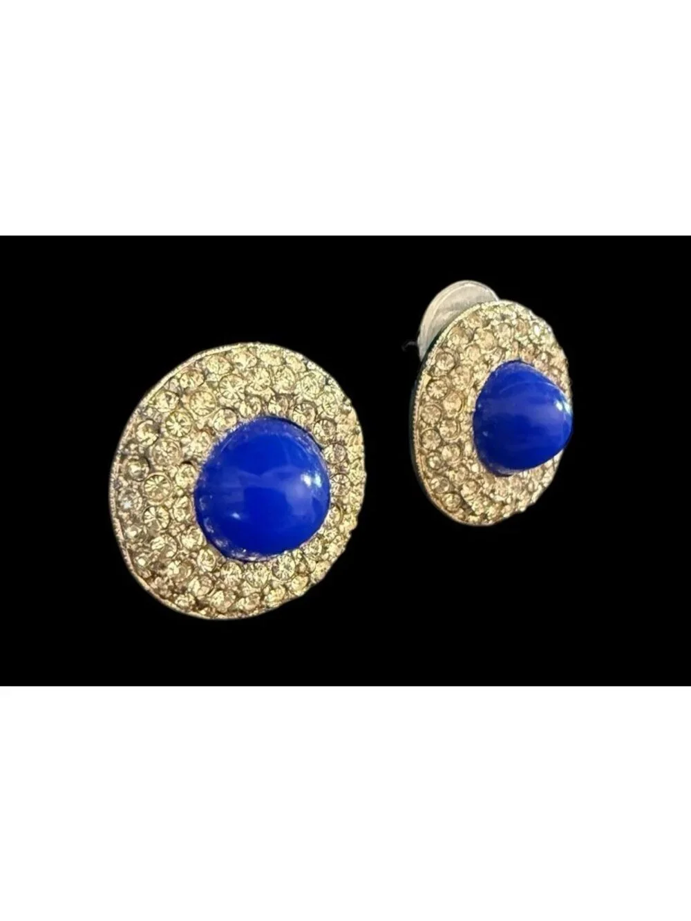 Vintage Kenneth Lane Round Blue Glass Cab Earrings Pave Clear Rhinestone 7/8” - Picture 4 of 7